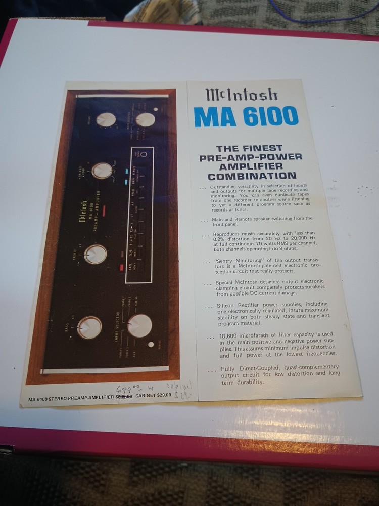 MCINTOSH MA 6100 VINTAGE BROCHURE – ORIGINAL And Authentic