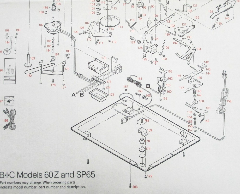 BIC TURNTABLE PART–BLOW UP DIAGRAM & PARTS LIST FOR THE BIC MODELS 60Z & SP65