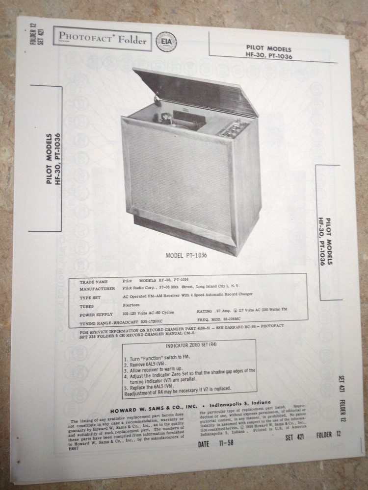 PILOT PT-1036 HF-30 HiFi Console – SCHEMATIC & PARTS ID – SAMS PHOTOFACT 421/12