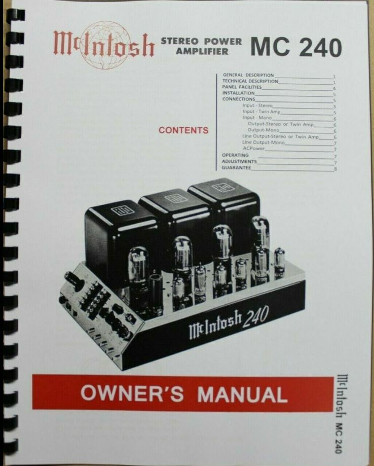 *USA* ULTIMATE MCINTOSH MC240 OWNER’S MANUAL serial # 45G45 WITH SCHEMATIC