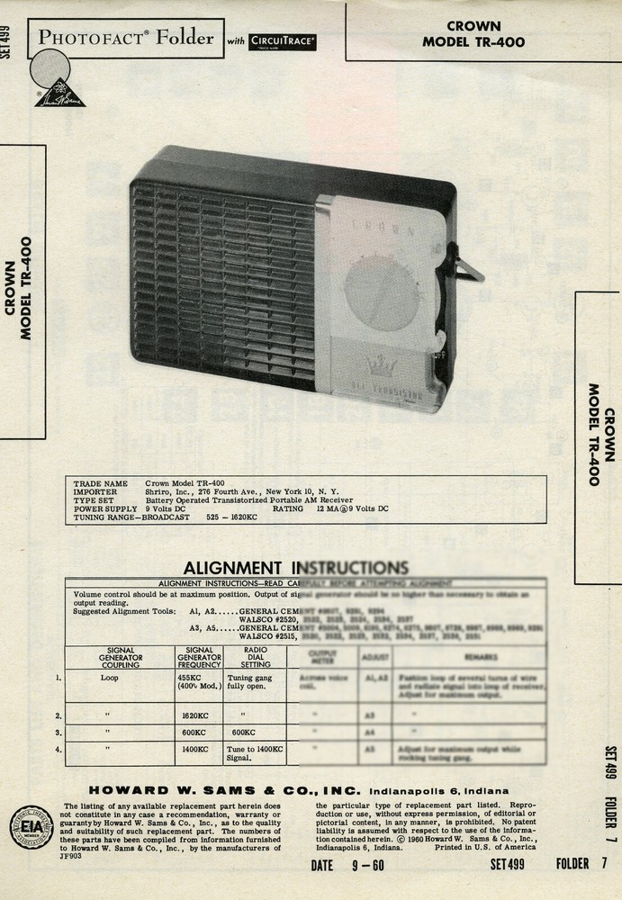 VTG Sam’s Photofact/Schematic Folder Crown Model #TR-400 SFF18