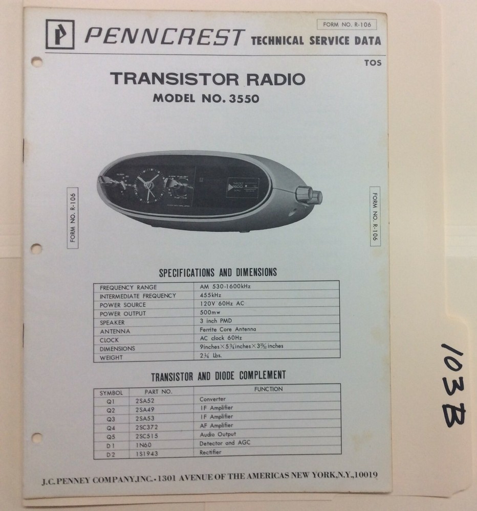 JC Penney 3550 Service Manual Original Repair Book Transistor Radio Penncrest