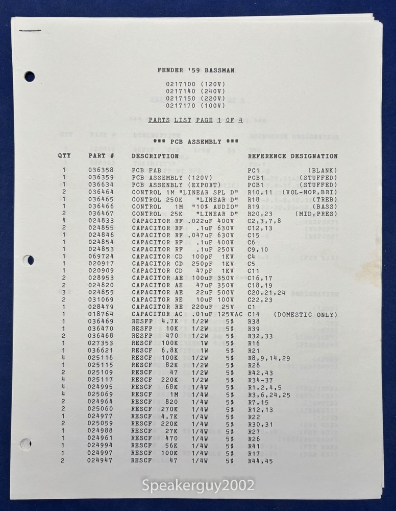 Original Fender ’59 Bassman Amplifier Schematic & Parts List