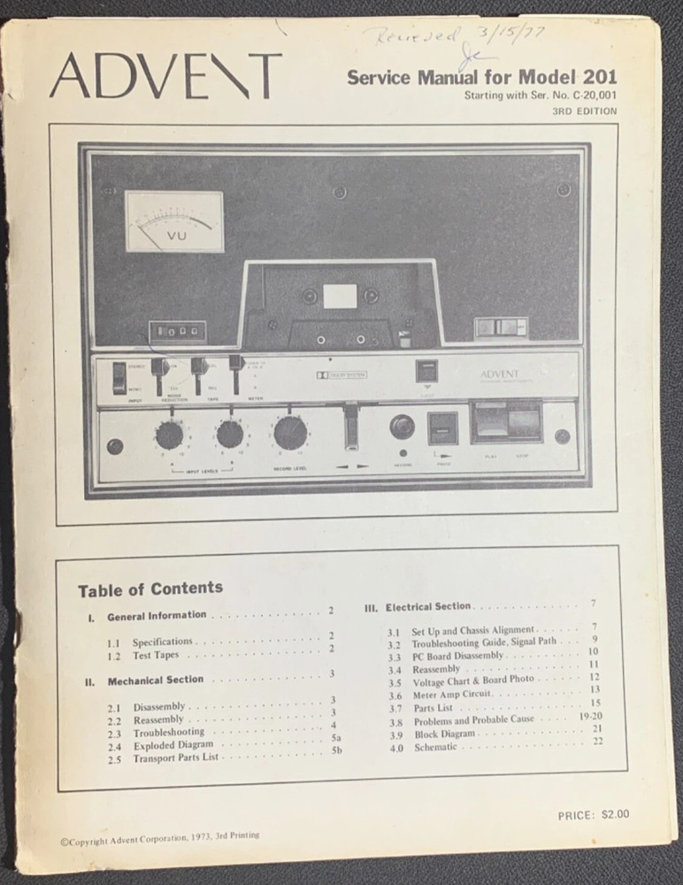 ADVENT 201 Cassette Deck Service Manual Original Serial Number C-20001 and up