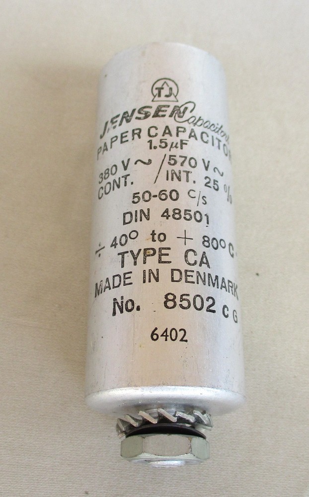 Jensen No. 8502 1.5UF 380-570V Type CA Paper Capacitor Made in Denmark Tested
