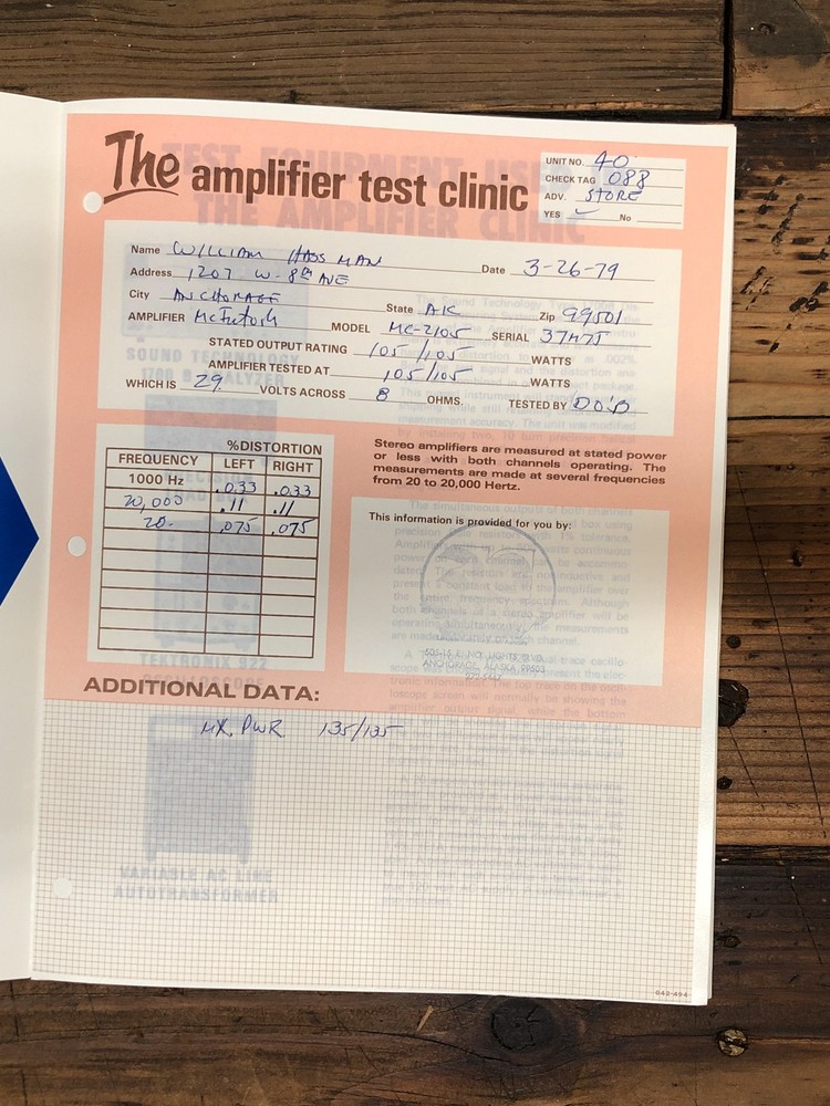 Mcintosh MC-2105 Amplifier Test Clinic Cert. *Original*