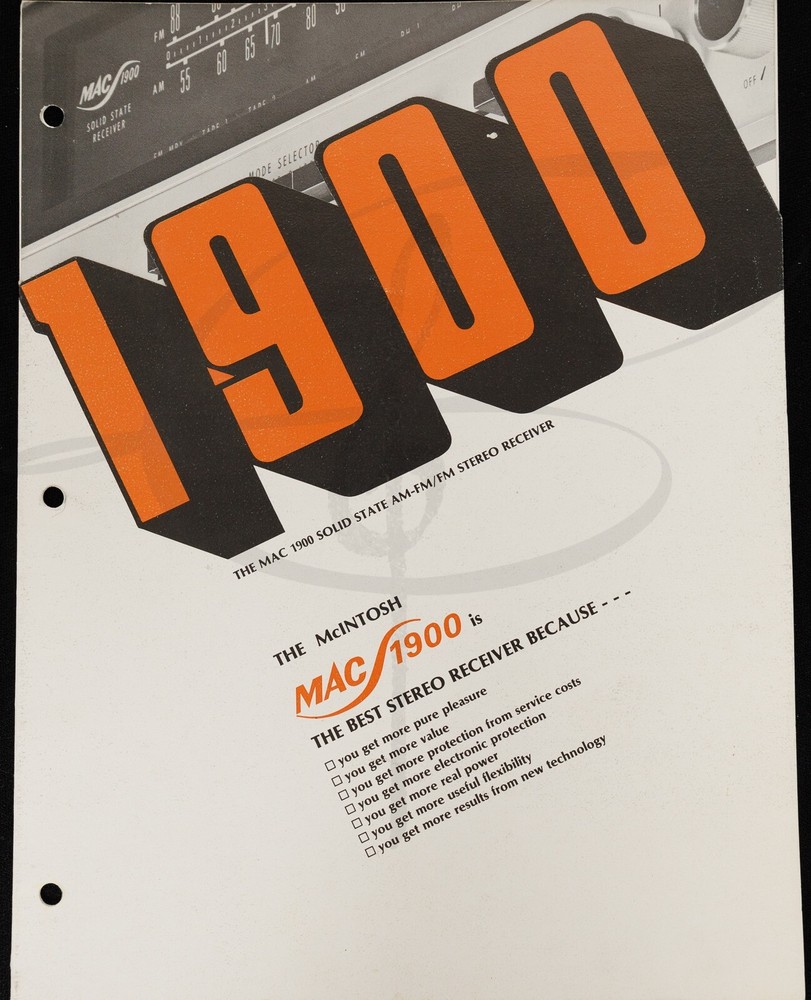 Rare Vintage McIntosh MAC 1900 Solid State AM-FM/FM Stereo Receiver Brochure