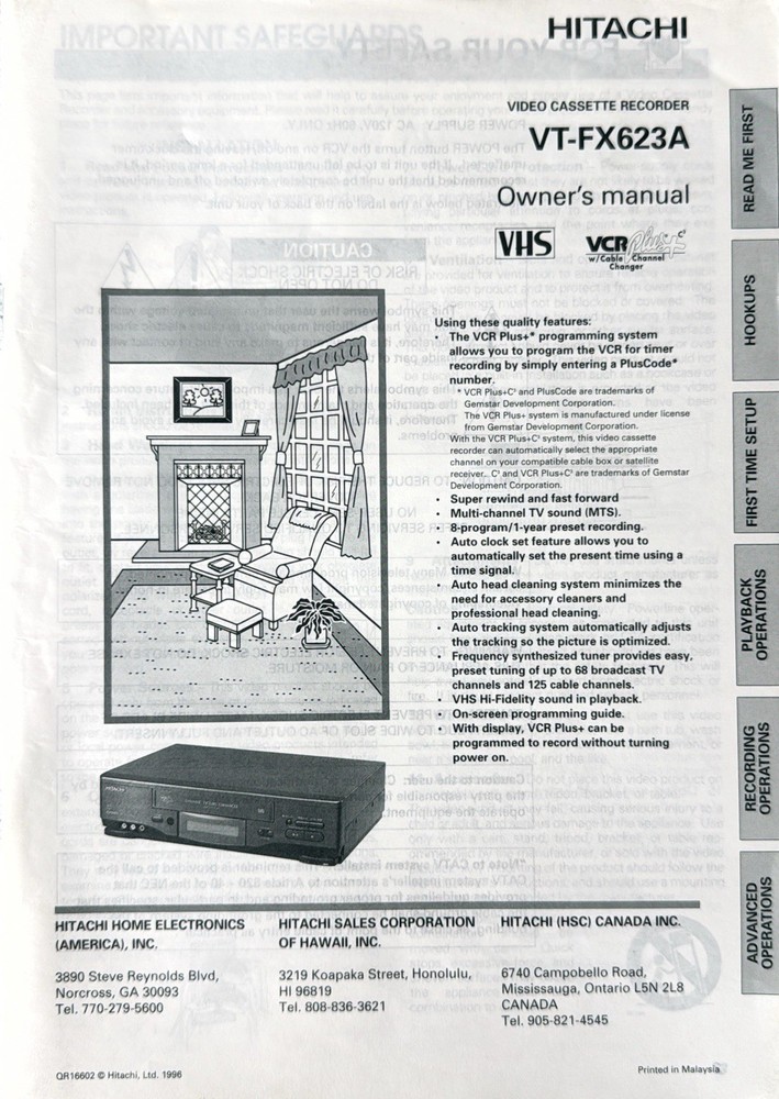 Hitachi VT-FX624A Video Cassette Recorder Owners Manual Great Shape!!