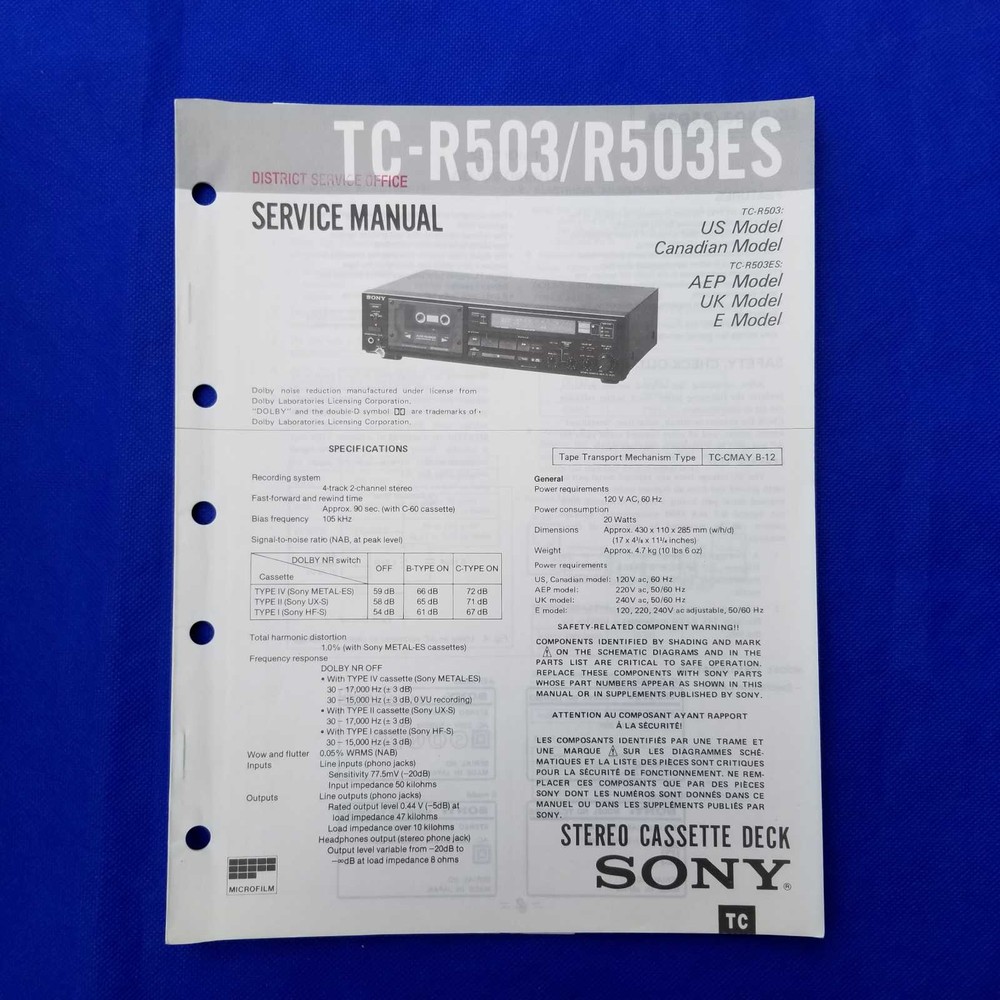 SONY TC-R503 TC-R503ES Service Manual Original Paper OEM Repair Guide – USA