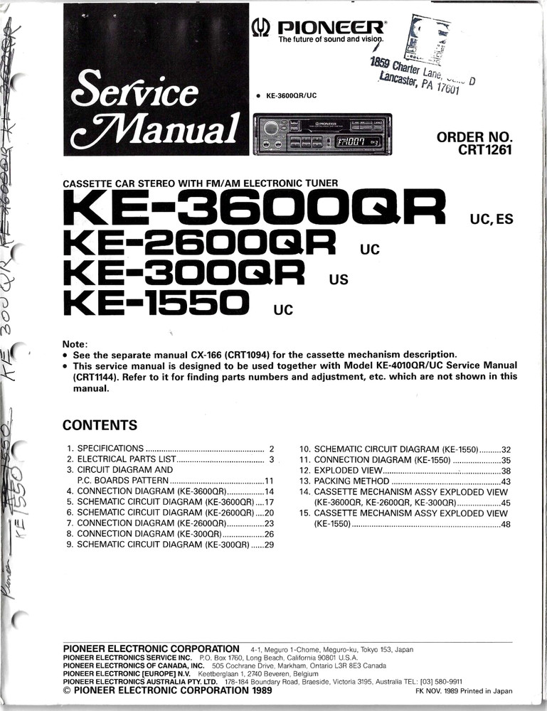 PIONEER KE-3600QR CASSETTE CAR STEREO W/ AM/FM ELECTRONIC TUNER SERVICE MANUAL