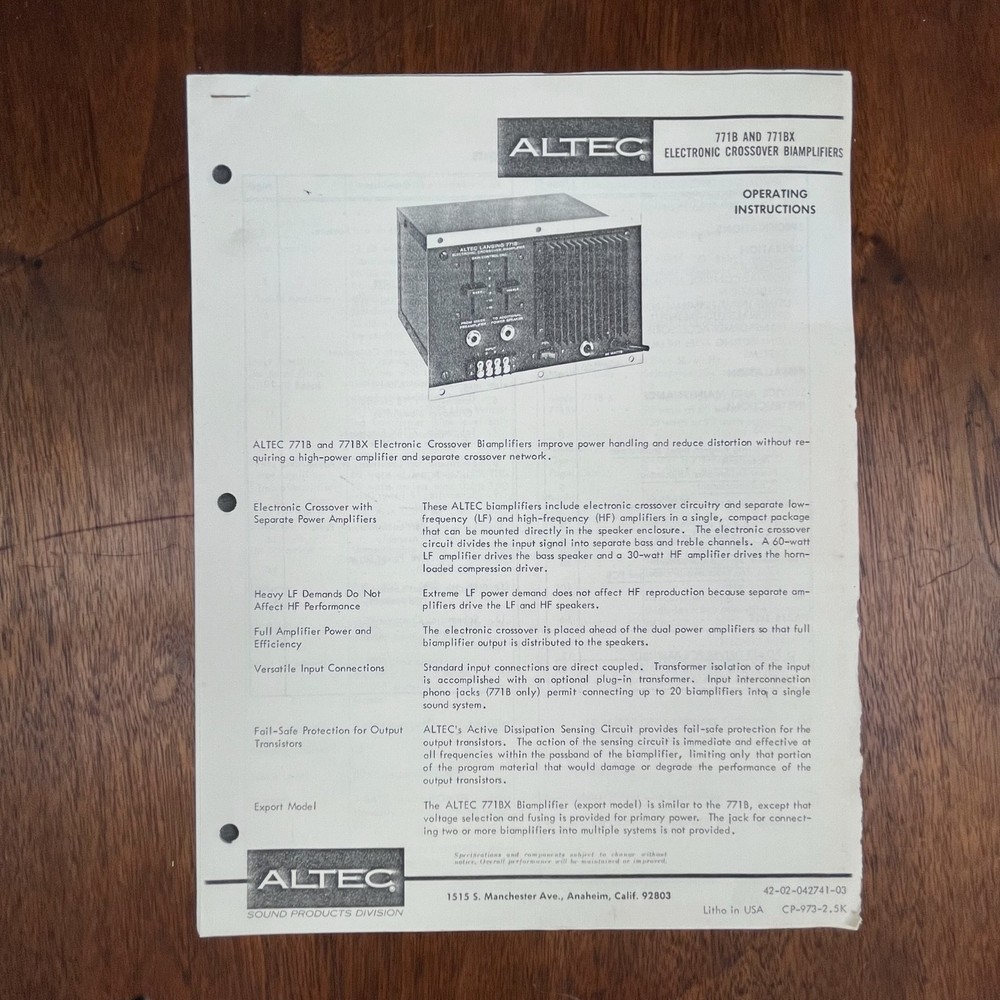 VINTAGE ALTEC 771B-771BX ELECTRONIC CROSSOVER OPERATIONAL MANUAL AND SCHEMATICS