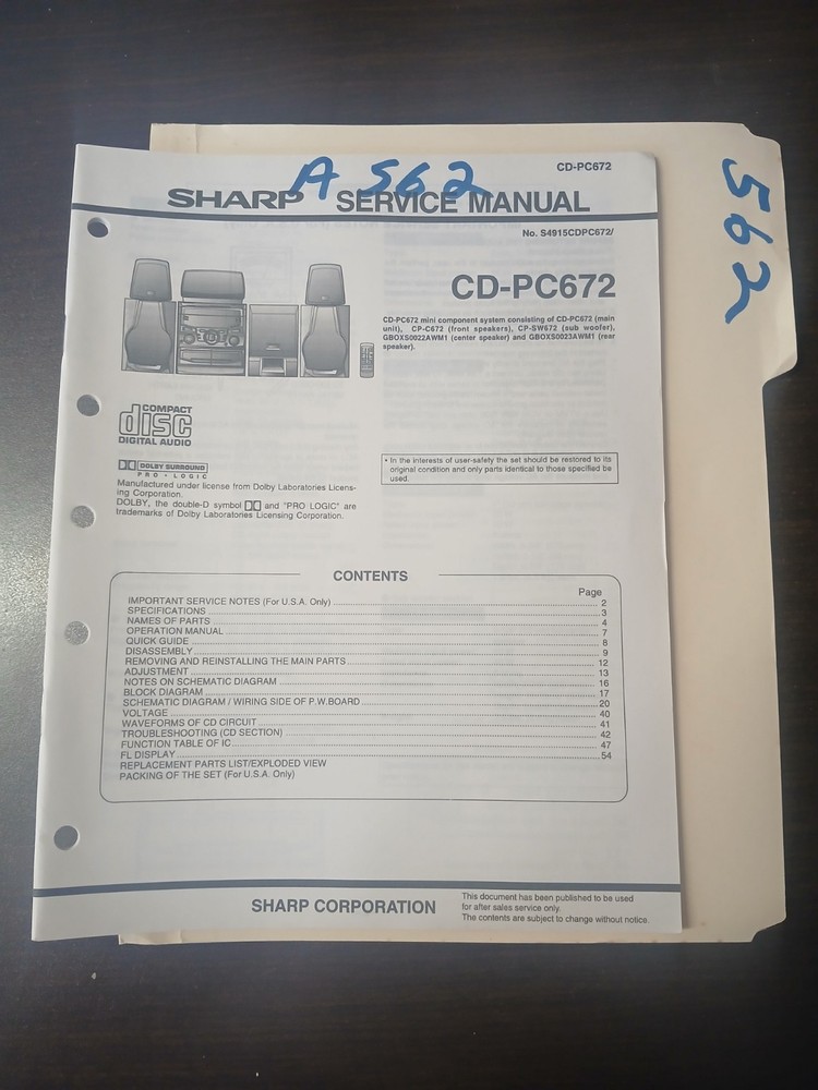 Sharp CD-PC672 Service Manual Original Repair Book Compact Disc Audio