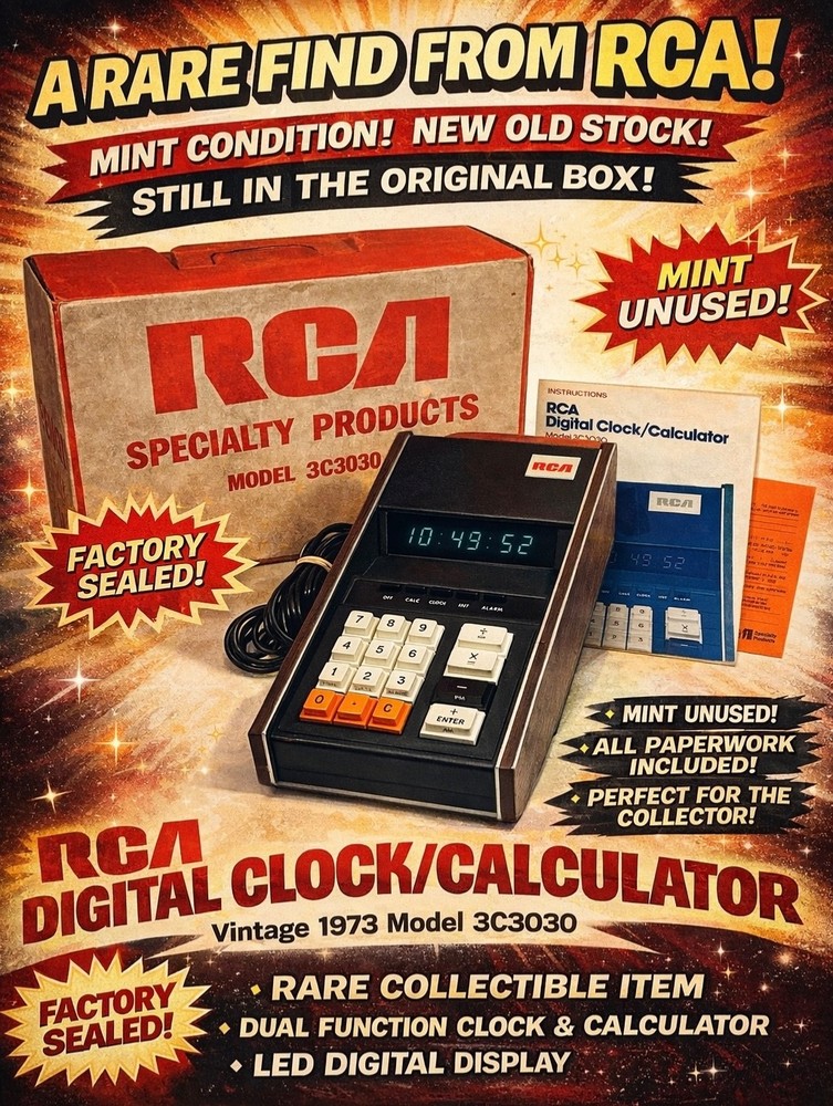 1973 RCA 3C3030 Plasma Display Calculator – New in Box Complete Mint Never Used