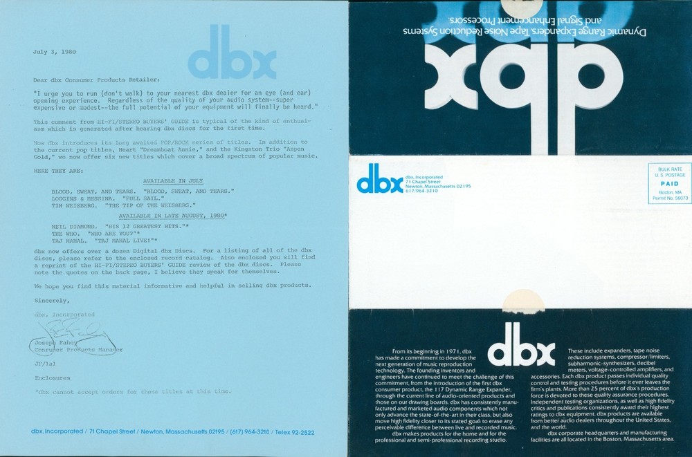 1980 dbx Dealer Mailer Letter Dynamic Range Expander Tape Noise HiFi Audio Lot