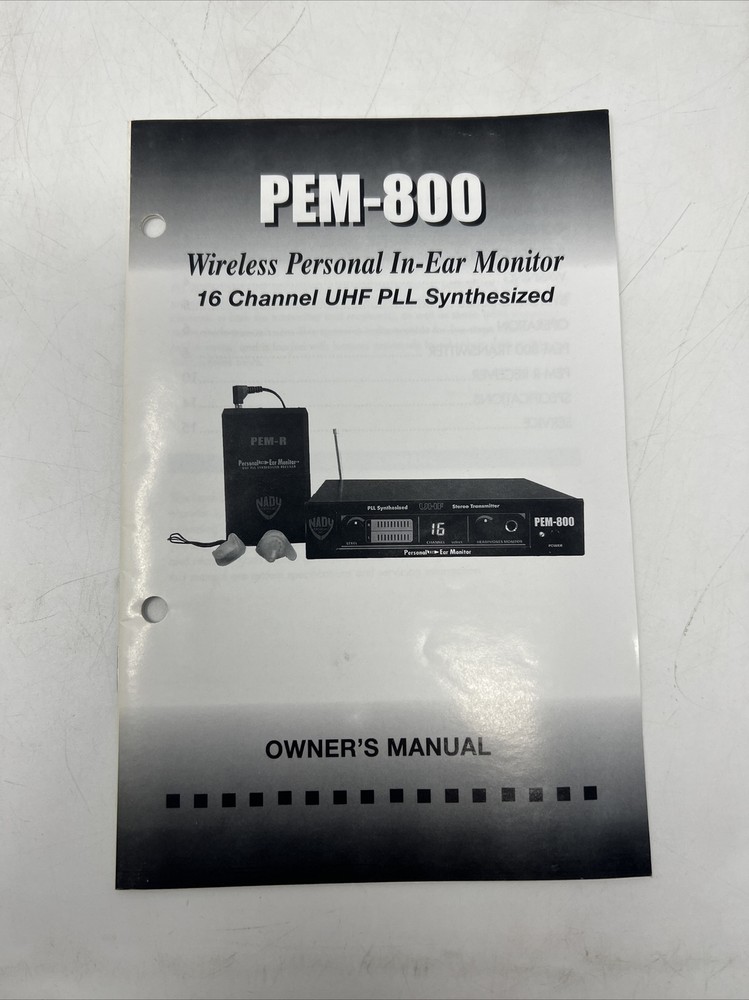 NADY PEM-800 UHF Personal In-Ear Monitor System Owner’s Manual Guide Booklet