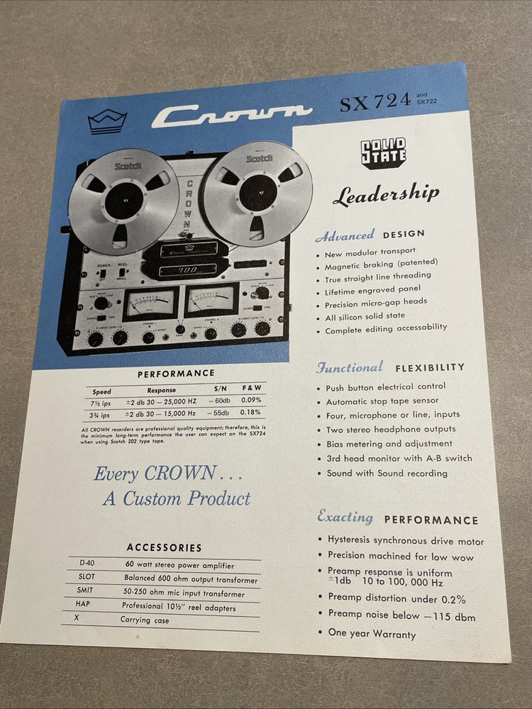 Original 1970 CROWN SX 724 722 Reel To Reel Tape Recorder Advertising Spec Sheet