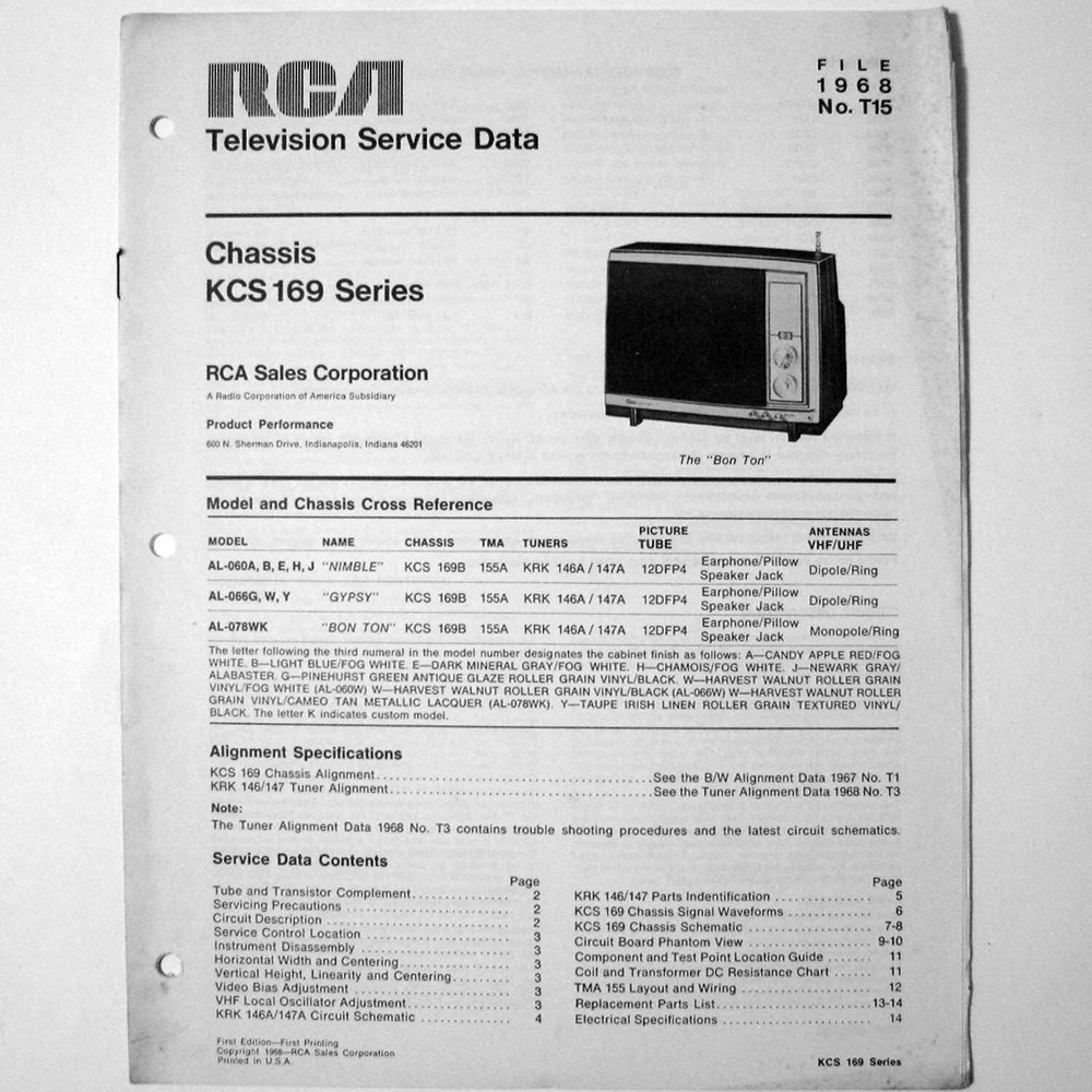 RCA ® Model KCS169 Series TV Chassis AL-060 AL-066 AL-078 Service Manual – 1968