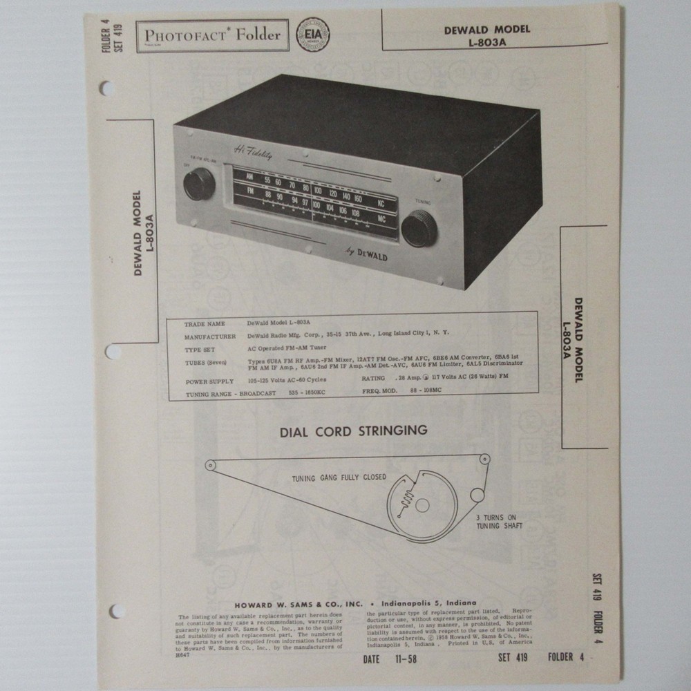 Dewald Model L-803A AC Operated Tube FM AM Tuner – SAMS Photofact ™ 1958 New