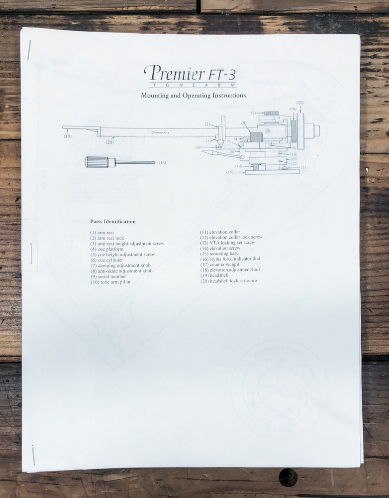 Premier FT-3 Turntable Tonearm Owner / User Manual *Original*