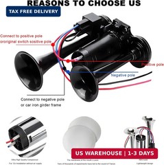 12V Car Air Horn, 120 DB Super Loud Dual Trumpets Electric Train Horn Kit with C