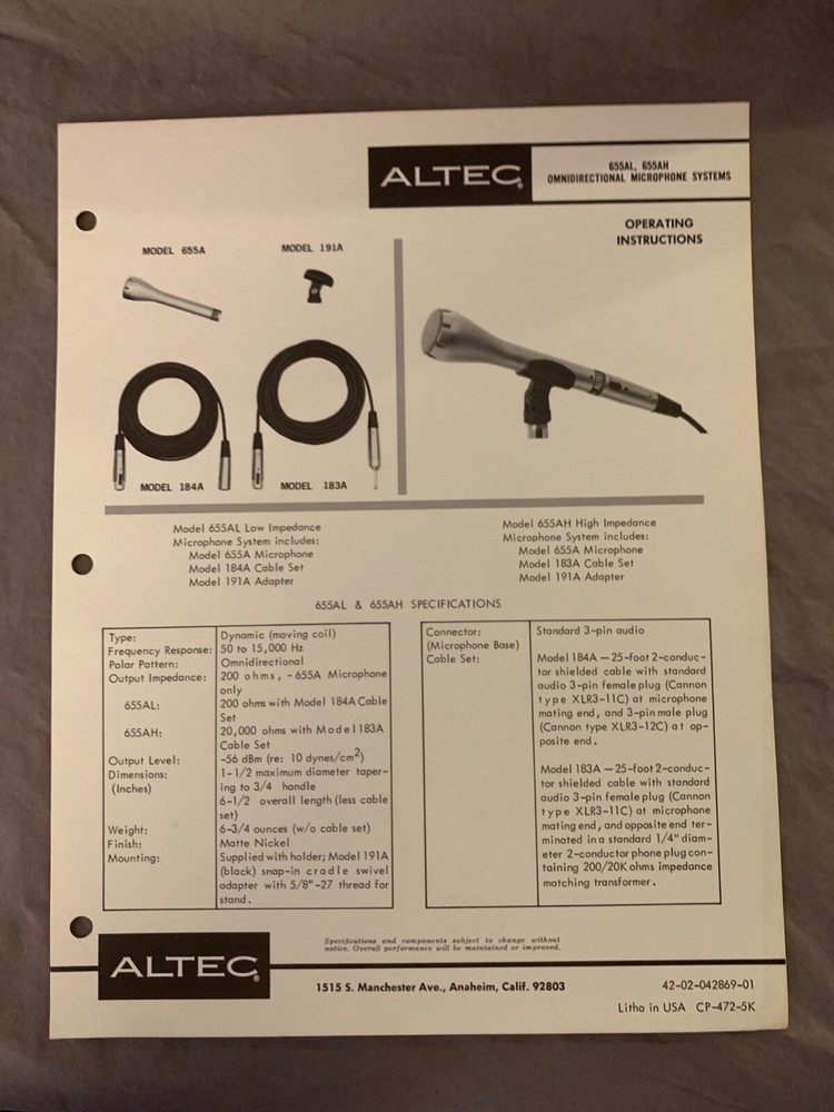 Vtg Original Altec 655AL 655AH Omnidirectional Mic Operating Instructions (A3)
