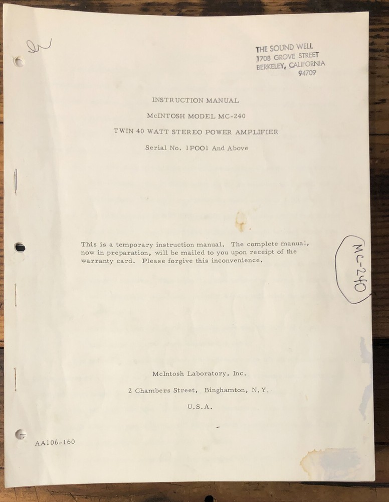 McIntosh MC-240 Amplifier Owner / User Manual *Original*