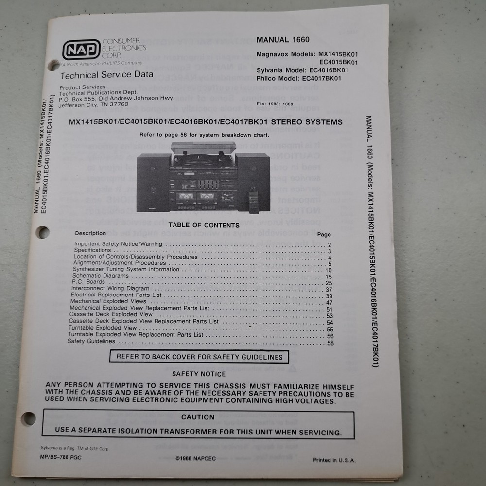 NAP Service Manual 1660 Magnavox Sylvania Philco Stereo Systems 1988 Illustrated
