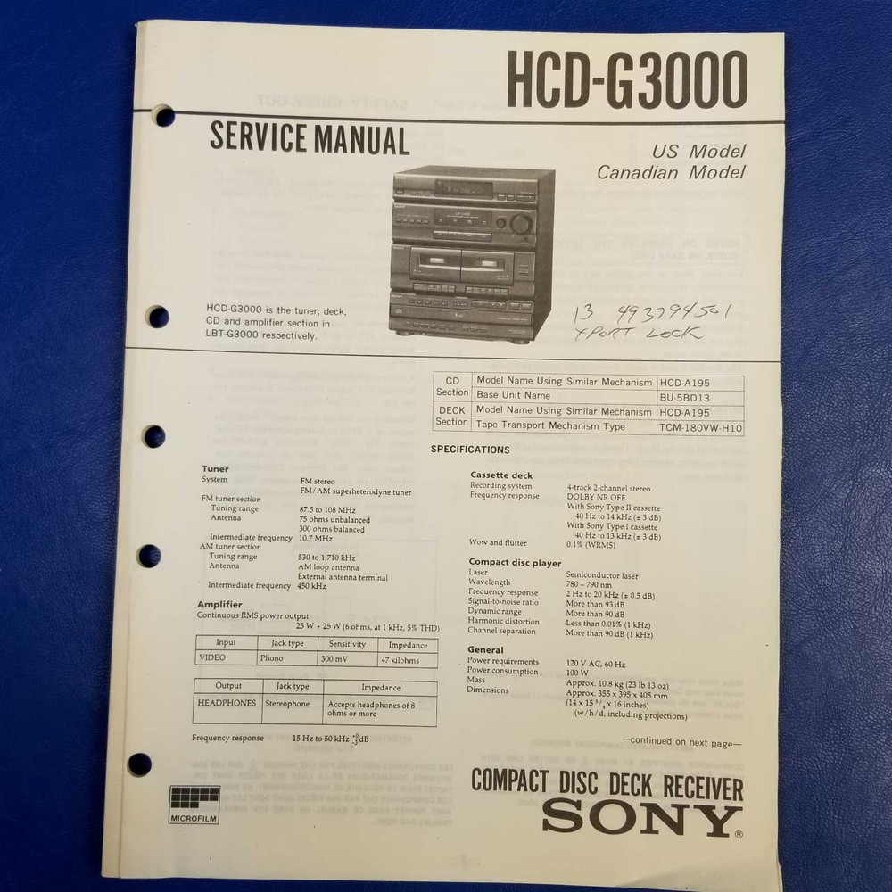 SONY HCD-G3000 Service Manual Original Paper OEM Repair Guide – USA