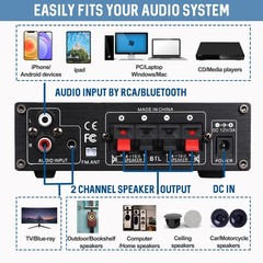 Sunbuck Mini Amplifier, 2 Channel Stereo Amplifier, Power Amplifier Max 300Wx2 O