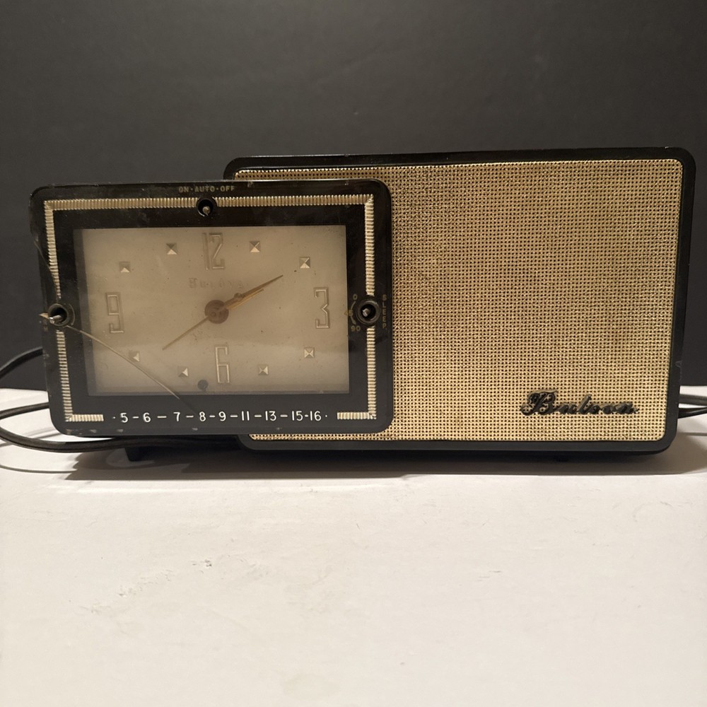 1957 Bulova Model 100 Tube Clock Radio – Black And Gold – READ DESCRIPTION