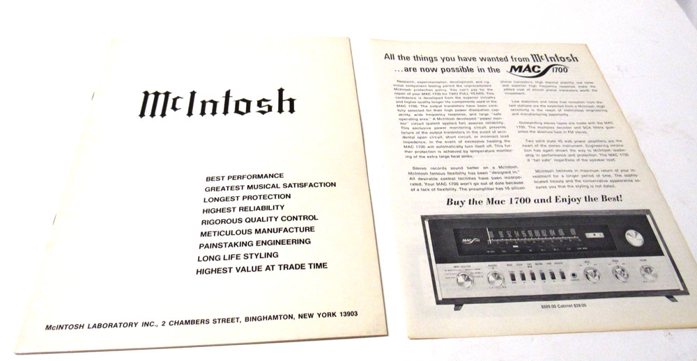 McIntosh Stereo Family of Fine Instruments Catalog 24 pages + MAC 1700 Brochure