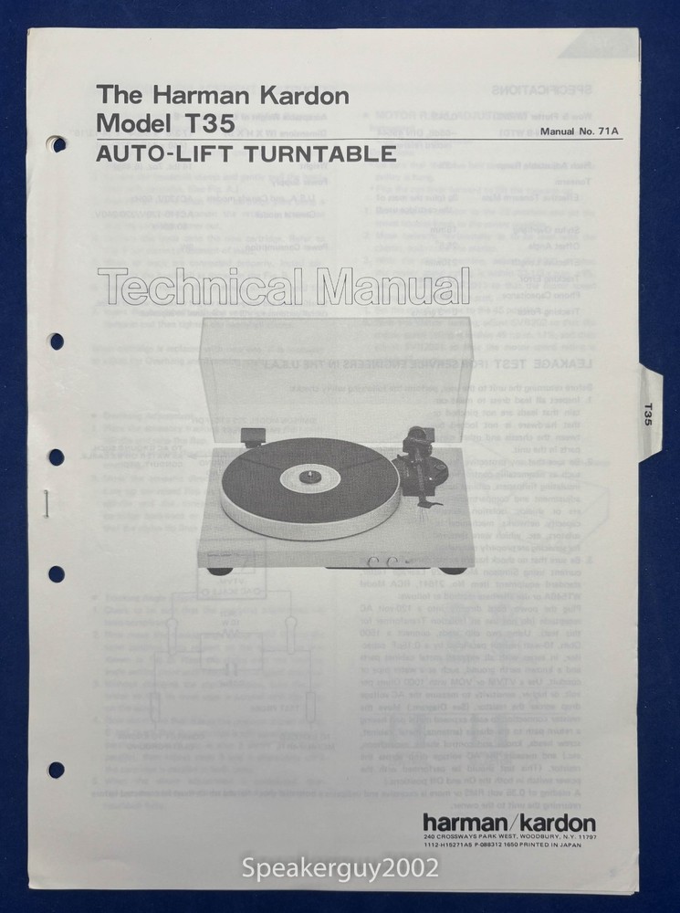 Original Harman Kardon T35 Turntable Technical – Service Manual
