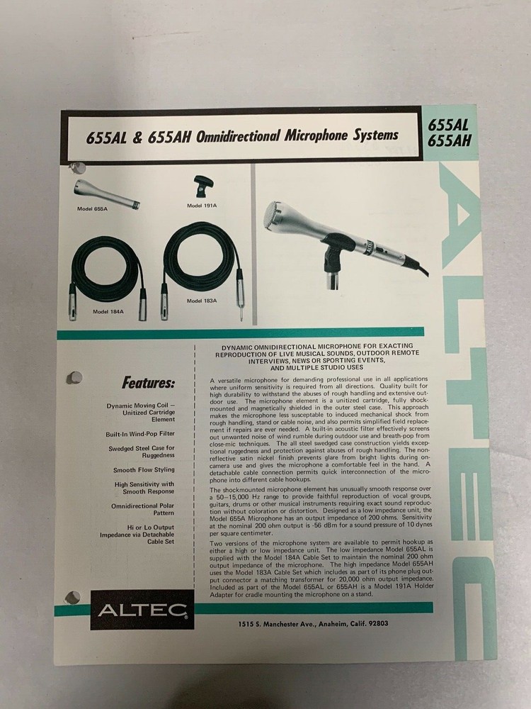 Original Vtg Altec 655AL 655AH Omnidirectional Microphone System Spec Sheet (A3)