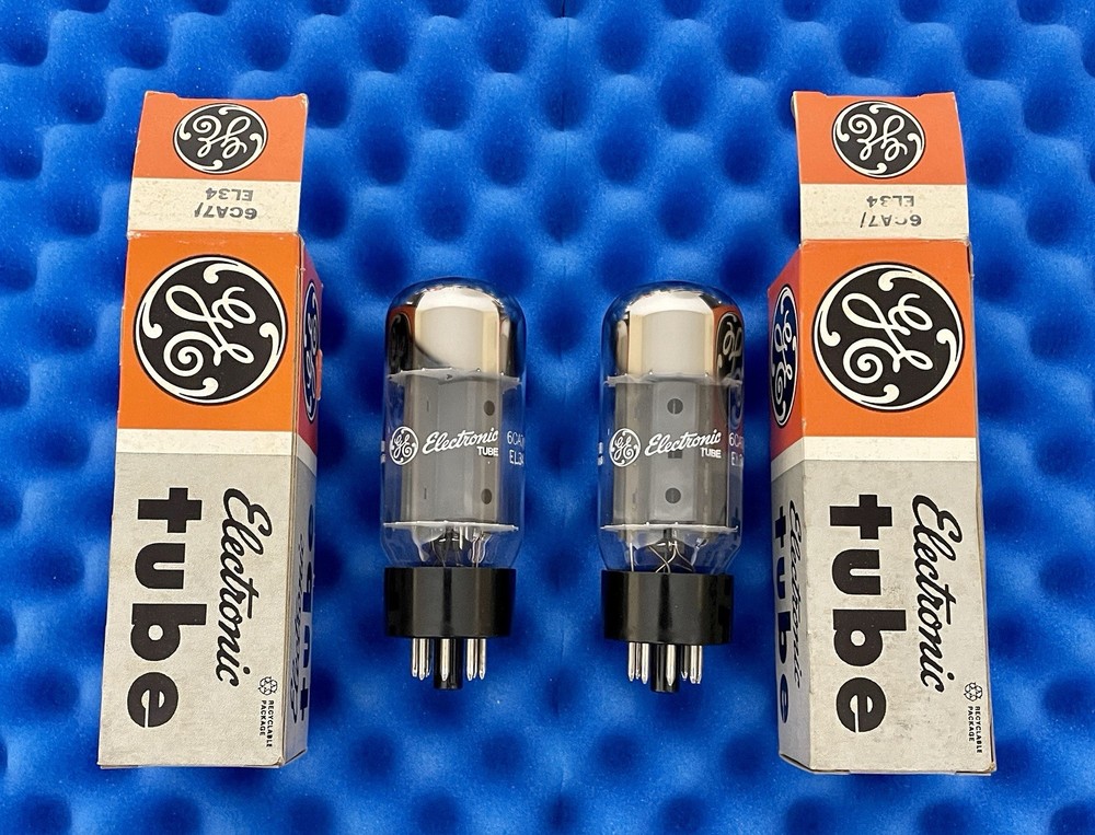 TWO GE 6CA7 EL34 Tubes /Amplitrex 👍/ STRONG PLATE CURRENTS / OO Disc Getter ’83