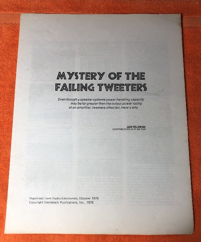 MYSTERY OF THE FAILING TWEETERS ARTICLE RADIO ELECTRONICS, OCTOBER, 1976 M066x