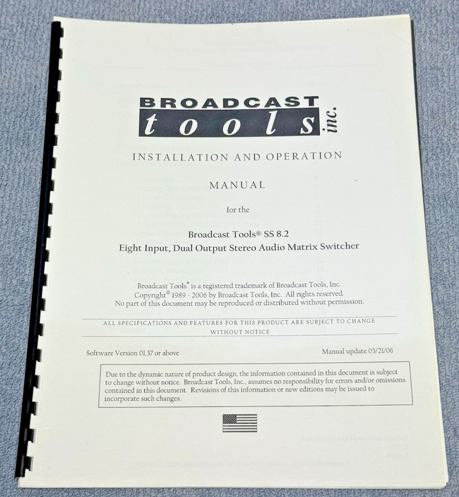 Broadcast Tools SS 8.2 Stereo Audio Matrix Switch Installation Operation Manual