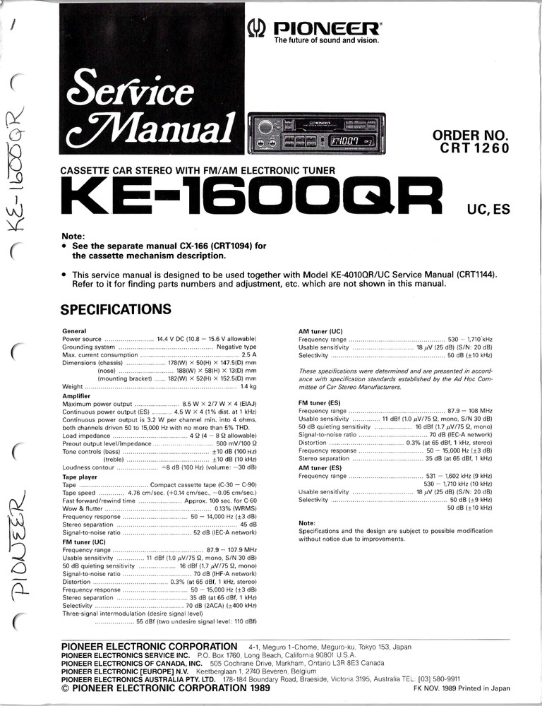 PIONEER KE-1600QR, CASSETTE CAR STEREO W/ FM/AM ELECTRONIC TUNER SERVICE MANUAL