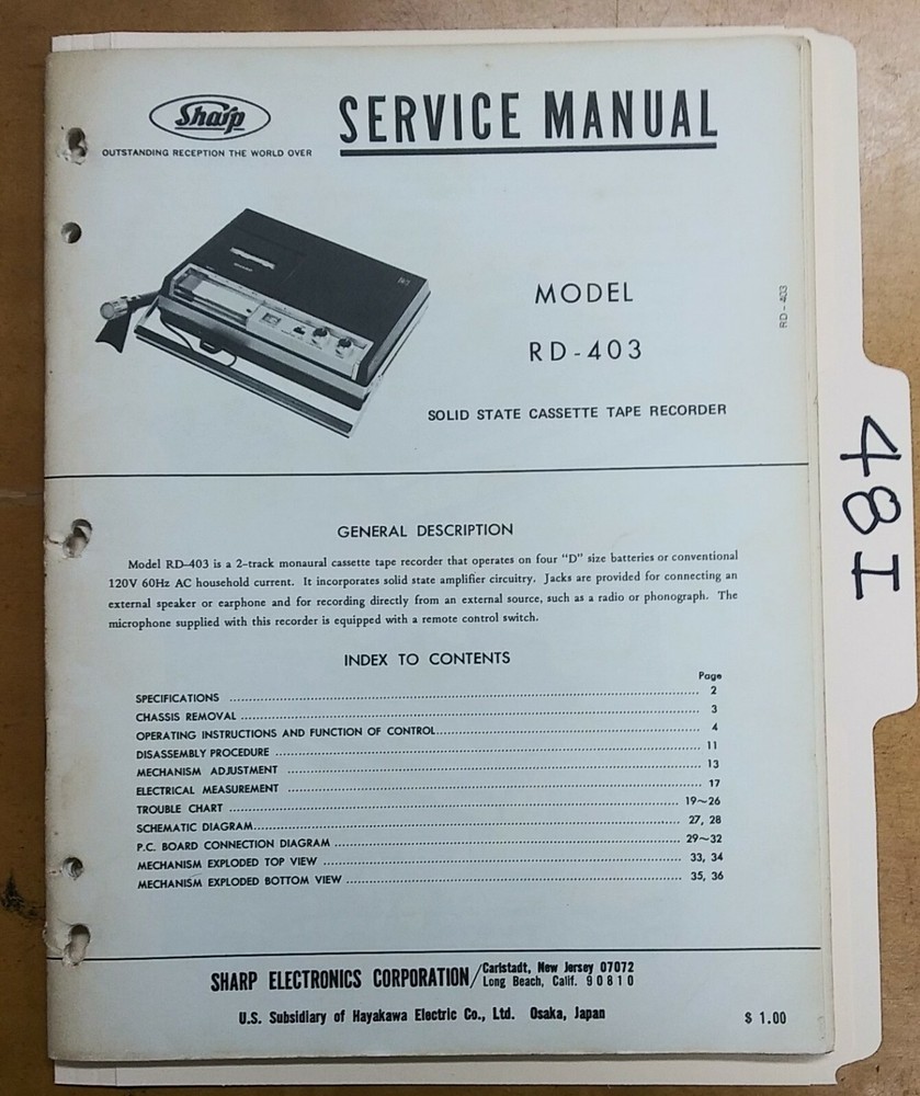 Sharp RD 403 Service Manual Original Repair Book Tape Recorder Microphone