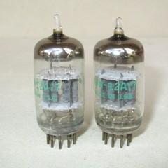 GE JAN 12AY7 Tubes Double Mica Short Gray Ribbed Plate Round Getter NOS Pair