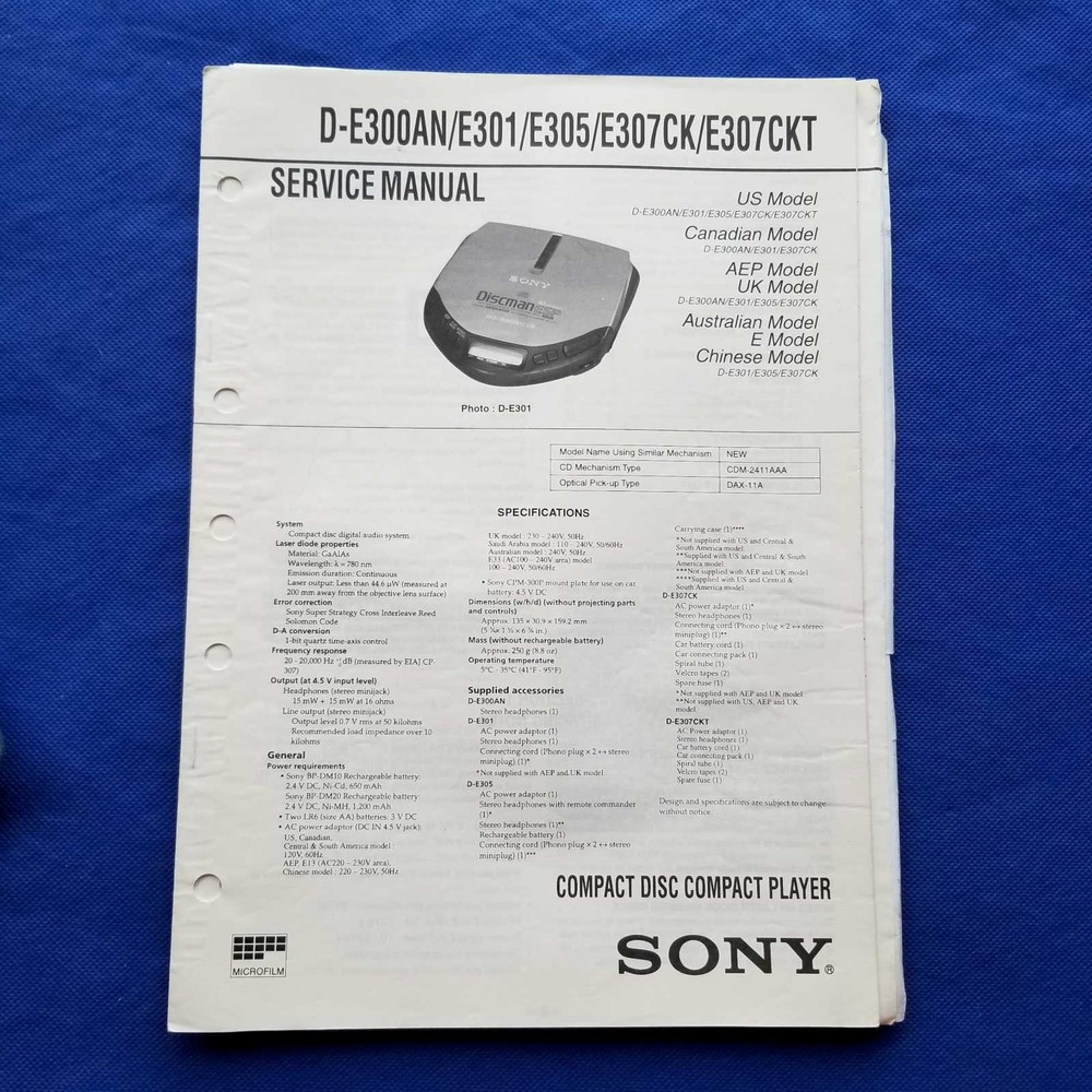 SONY D-E300AN D-E301 D-E305 D-E307CK D-E307CKT Service Manual Original Paper OEM