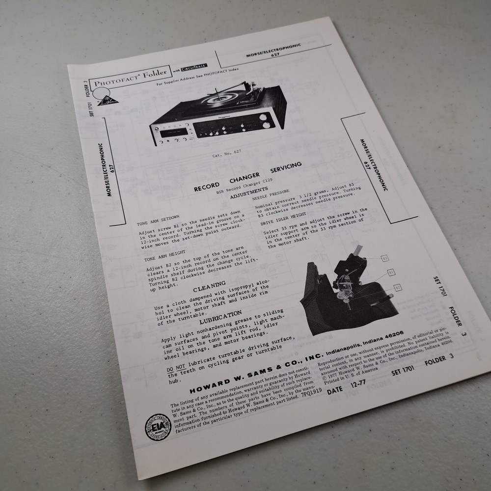 MORSE/ELECTROPHONIC Service Manual Record Changer 627 BSR C129 1977 Photofact