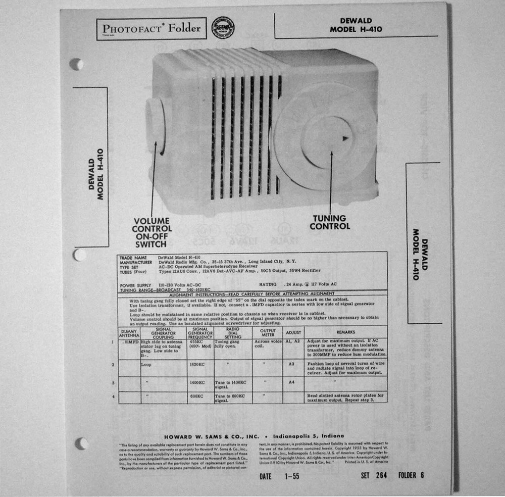 Dewald Model H-410 AC DC Table Top AM Radio – SAMS Photofact ™ 1955 – New NOS