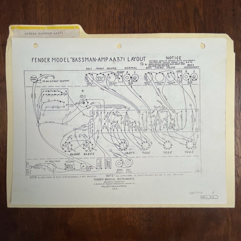 BASSMAN AA371 AMPLIFIER ORIGINAL FENDER SCHEMATICS AND PARTS LISTS VINTAGE