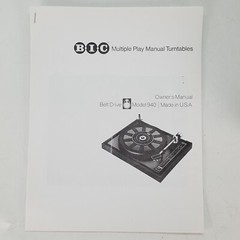 Vintage BIC 940 Belt Drive Turntable W/Soft Cover & Manual in Working Condition