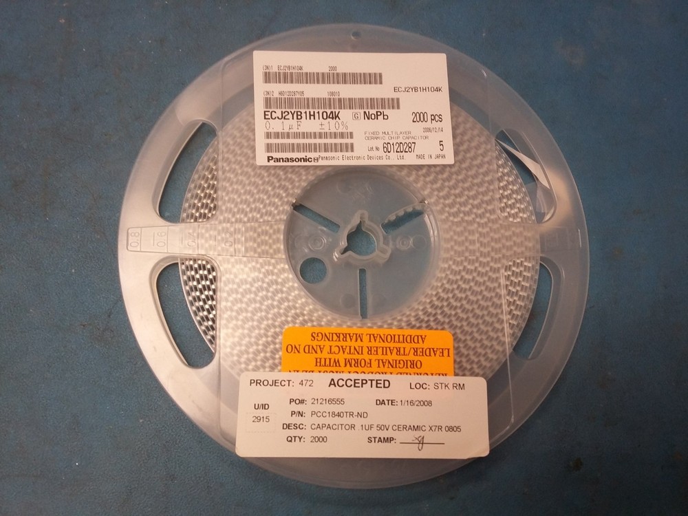 Reel of ECJ2YB1H04K , Cap .1uF 50V 10% X7R 0805 SMD