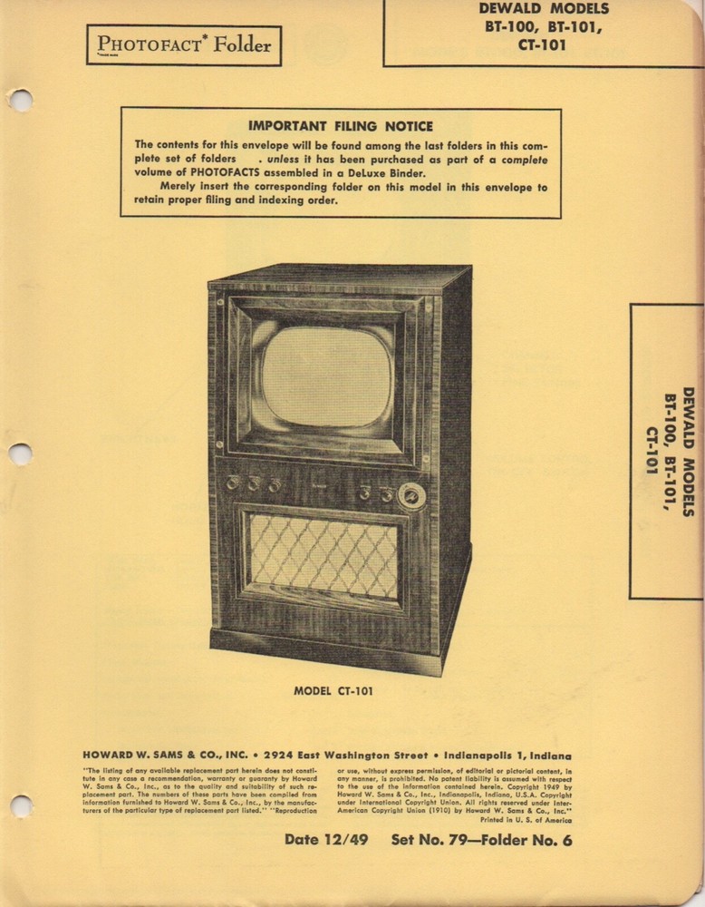1949 DEWALD BT-100 TELEVISION TV SERVICE MANUAL photofact SCHEMATIC 101 CT-101