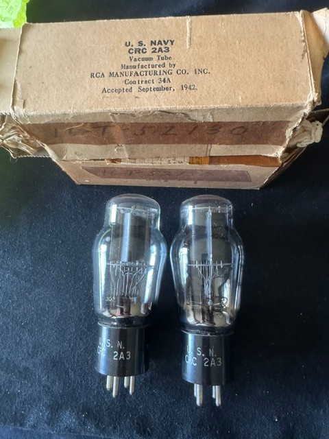 PAIR of unused 1940s U. S. Navy RCA CRC 2A3 Mil Spec Black Plate Tube. Orig Pkg.