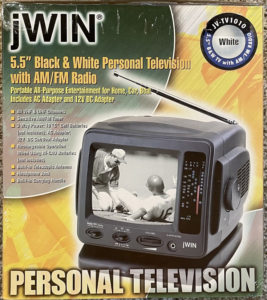New JWIN JV-TV1010 5.5” Analog Black/White TV AM/FM Radio Combo Portable Camping