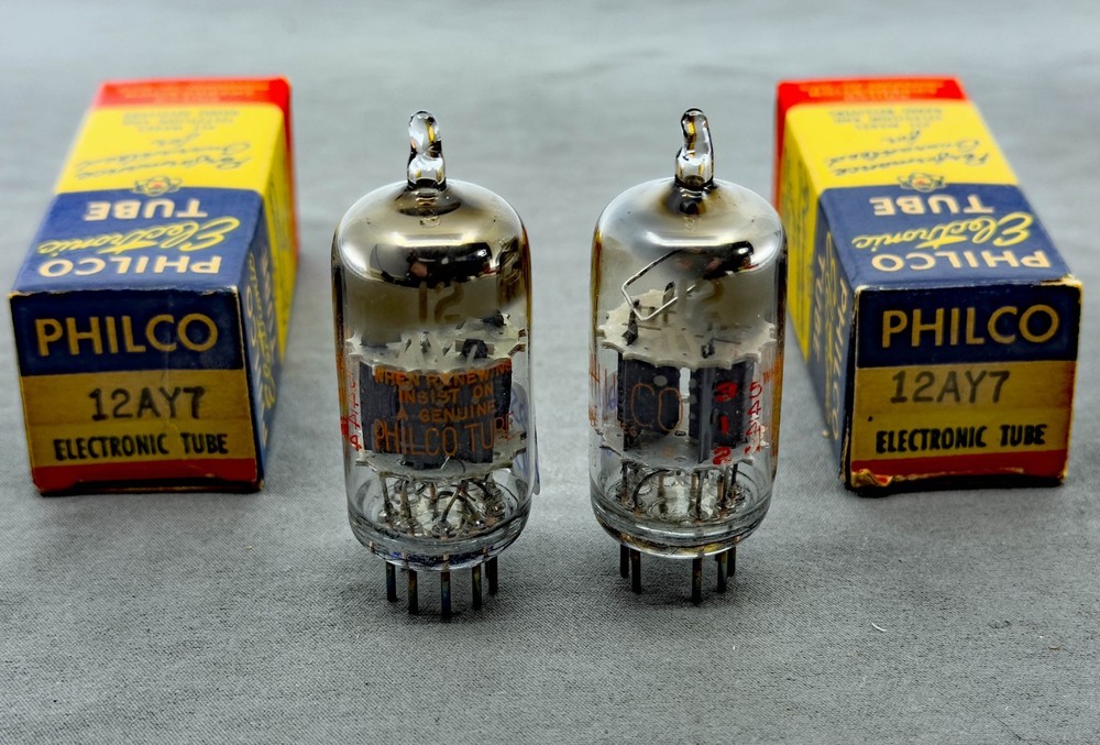 NOS Pair Philco 12AY7 Tubes Square Getters Matched Codes 1955 Test NOS Amplitrex