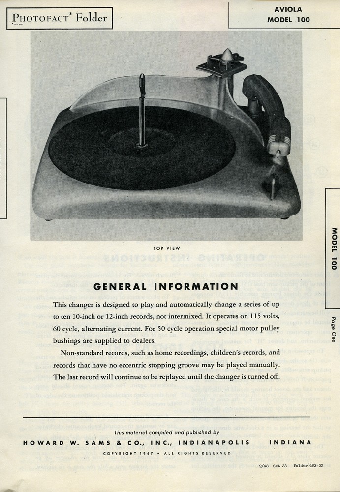 VTG Sam’s Photofact/Schematic Folder Aviola Model #100 SFF65